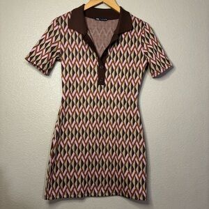Zara Multicolor Geometric Knit Sweater Mini Polo Dress size S